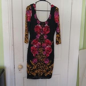 Venus Black Floral Print Lace Overlay Midi Dress